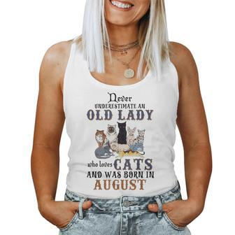 Never Underestimate An Old Lady Loves Cats Born In August Women Tank Top Basic Casual Daily Weekend Graphic - Seseable