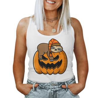 Pumpkin With Sloth Happy Halloween Fall Themed Costume Happy Halloween Women Tank Top | Mazezy