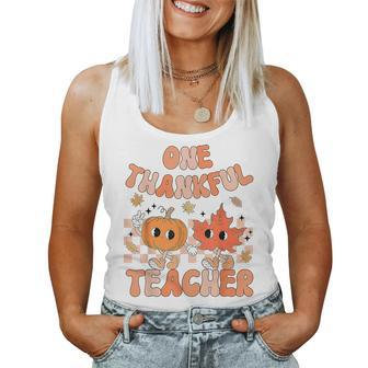 Retro One Thankful Teacher Pumpkin Fall Leaves Thanksgiving Women Tank Top - Thegiftio UK