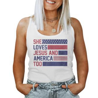 Retro She Loves Jesus And America Too 4Th Of July Usa Flag Usa Women Tank Top | Mazezy