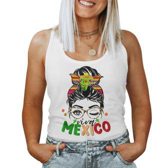 Retro Viva Mexico Messy Bun Mexican Flag Pride Girls Women Tank Top - Seseable