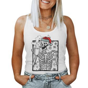 Santa Hat Skeleton Smiling Skull With Coffee Christmas For Coffee Lovers Women Tank Top | Mazezy