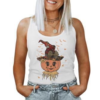 Scarecrow Pumpkin Reaper Head And Hat Fall Vintage Halloween Vintage Halloween Women Tank Top | Mazezy