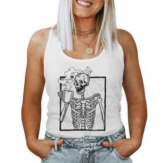Skeleton Vintage Picture With Smiling Skull Drinking Coffee Drinking s Women Tank Top | Mazezy