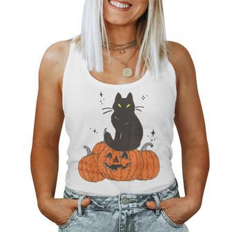 Thanksgiving Halloween Fall Spooky Cat With Pumpkin Halloween Women Tank Top | Mazezy