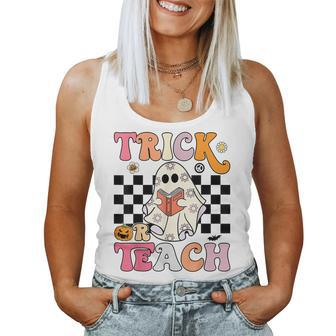 Trick Or Teach Groovy Halloween Retro Floral Ghost Teacher Women Tank Top | Mazezy