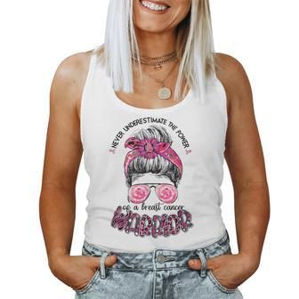 Never Underestimate Breast Cancer Warrior Messy Bun Ribbon Women Tank Top - Seseable