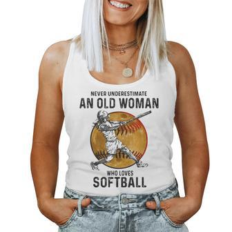 Never Underestimate An Old Woman Who Loves Softball Vintage Women Tank Top - Seseable