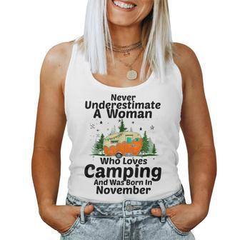 Never Underestimate A Woman Who Loves Camping November Girls Women Tank Top | Mazezy