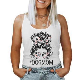 Women's Messy Bun Mom Dog Mom Glasses Fun Dog Lovers Women Tank Top | Mazezy