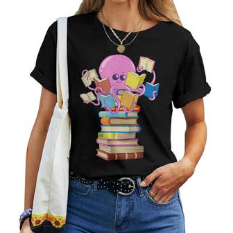 Reading Octopus Books Teacher Mom Librarian Gift Women T-shirt Casual Daily Crewneck Short Sleeve Graphic Basic Unisex Tee