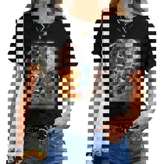 3 Cat Moon Howling Cat Head For Cat Lover Cat Dad Cat Mom Women T-shirt Short Sleeve Graphic - Thegiftio