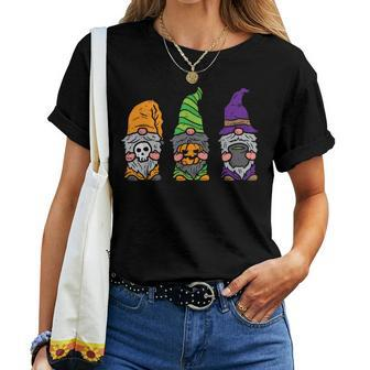 3 Gnomes Pumpkin Witch Skull Gardening Halloween Autumn Fall Halloween Women T-shirt | Mazezy