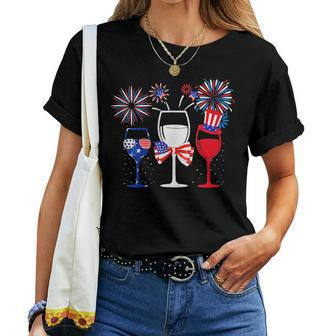 4Th Of July Red White Blue Wine Glasses Fireworks Usa Women T-shirt | Mazezy CA
