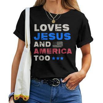 4Th July Vintage Flag Loves Jesus And America Too Usa Usa Women T-shirt | Mazezy