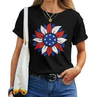 4Th Of July Sunflower White Red And Blue Patriotic Women T-shirt Crewneck Short Sleeve Graphic - Thegiftio UK
