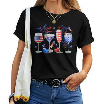 4Th Of July Wine Glasses Independence Day American Flag  Women T-shirt Casual Daily Crewneck Short Sleeve Graphic Basic Unisex Tee