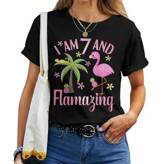 I Am 7 And Flamazing 7Th Birthday Flamingo Lover Women T-shirt | Mazezy