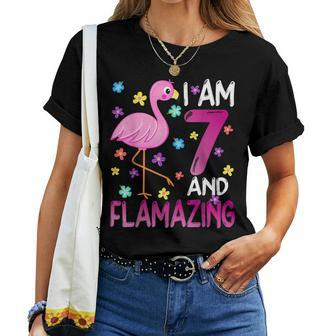 I Am 7 And Flamazing Amazing 7Th Birthday Flamingo Women T-shirt | Mazezy