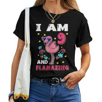 I Am 9 And Flamazing- Birthday Pink Flamingo Amazing Party Women T-shirt | Mazezy