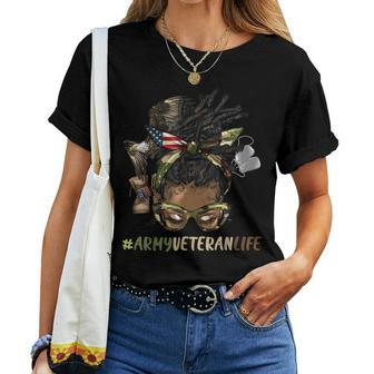 African Afro Messy Bun Loc Army Veteran Soldier Mother Wife Women T-shirt | Mazezy