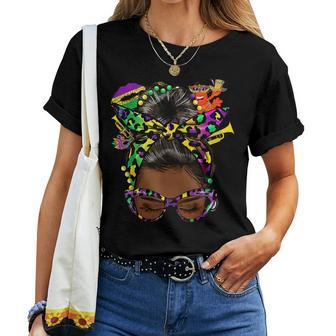 Afro Messy Bun Happy Mardi Gras Black Women Carnival Women T-shirt - Seseable