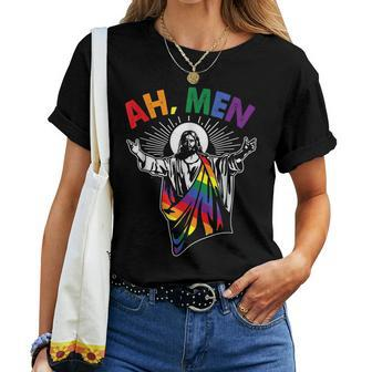 Ah Men Lgbt Gay Pride Jesus Rainbow Flag Christian Short Women T-shirt | Mazezy