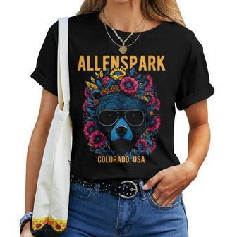 Allenspark Colorado Usa Bear With Sunglasses Flowers Women T-shirt | Mazezy