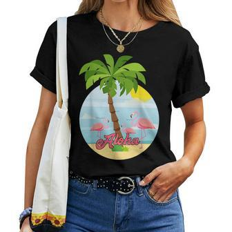 Aloha Hawaii Hawaiian Palm Tree Flamingo Graphic Women T-shirt | Mazezy