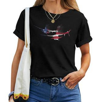 American Flag Marlin Skeletons Saltwater Game Fish For Fish Lovers Women T-shirt Crewneck | Mazezy