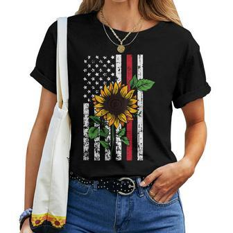 American Flag Sunflower Red Line Firefighter Patriotic Women T-shirt | Mazezy