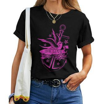 Anchor Ink Tattoo Sparrow Flowers Stars Scroll Women T-shirt | Mazezy