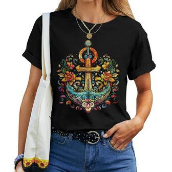 Anchor Symbol Flowers Old School Tattoo Style Retro Sea Women T-shirt | Mazezy