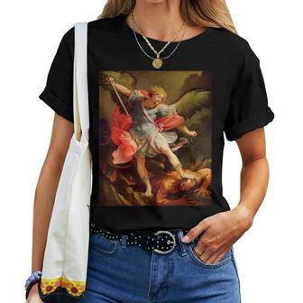 Angels Archangel Michael Defeating Satan Christian Warrior Women T-shirt | Mazezy