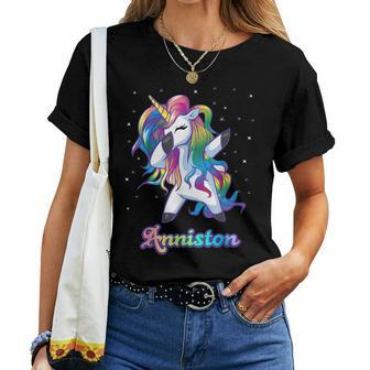 Anniston Name Personalized Custom Rainbow Unicorn Dabbing Women T-shirt | Mazezy