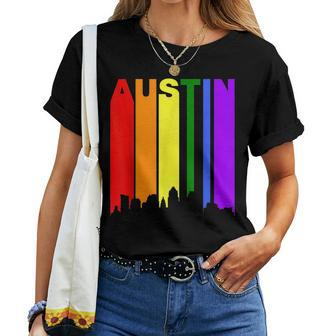 Austin Texas Lgbtq Gay Pride Rainbow Skyline Women T-shirt | Mazezy