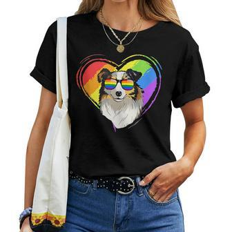 Australian Shepherd Rainbow Heart Gay Pride Lgbt Flag Women T-shirt | Mazezy