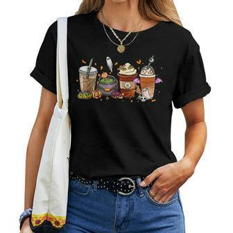 Autumn Fall Coffee Latte Cups Horrors & Ghost Halloween Days For Coffee Lovers Women T-shirt | Mazezy UK