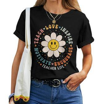 Back To School Teach Love Inspire Retro Teacher Daisy Flower Women T-shirt - Seseable