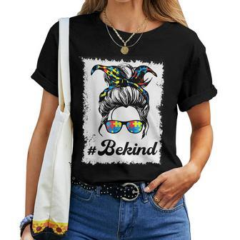 Be Kind Autism Mom Messy Bun Life Autism Awareness Day Women T-shirt Casual Daily Crewneck Short Sleeve Graphic Basic Unisex Tee
