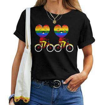 Bike Riding Gay Pride Lgbt-Q Rainbow Heart Biker Cyclist Women T-shirt Crewneck | Mazezy