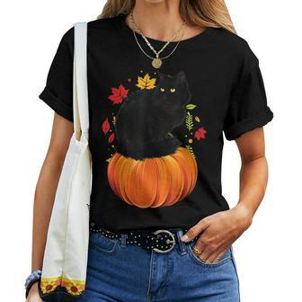 Black Cat Autumn Fall Season Pumpkin Thanksgiving Cat Women T-shirt - Thegiftio UK