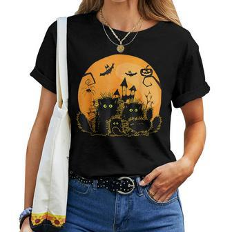 Black Cat Pumpkin Moon Halloween Costume Cat Lover Women T-shirt - Seseable