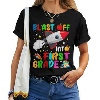 Blast Off Into First Grade Rocket Outer Space Back To School Women T-shirt Short Sleeve Graphic - Monsterry DE
