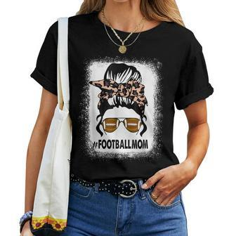 Bleached Football With Leopard And Messy Bun Player Mom Life Women T-shirt Casual Daily Crewneck Short Sleeve Graphic Basic Unisex Tee