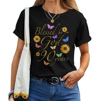 Blessed By God For 90 Year Butterfly Sunflower 90Th Birthday Women T-shirt | Mazezy