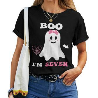 Boo I'm Seven Ghost Seventh Birthday Groovy Halloween Girl Women T-shirt - Thegiftio UK