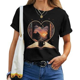 Book Coffee And Mountain With Sunset Nature Lover Women T-shirt | Mazezy