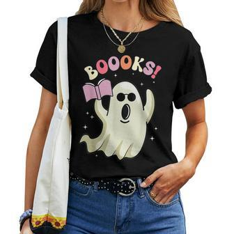 Boooks Ghost Groovy Book Reading Halloween Teacher Women T-shirt
