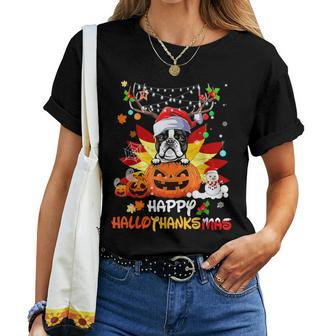 Boston Terrier Dog Halloween And Merry Christmas Women T-shirt - Monsterry